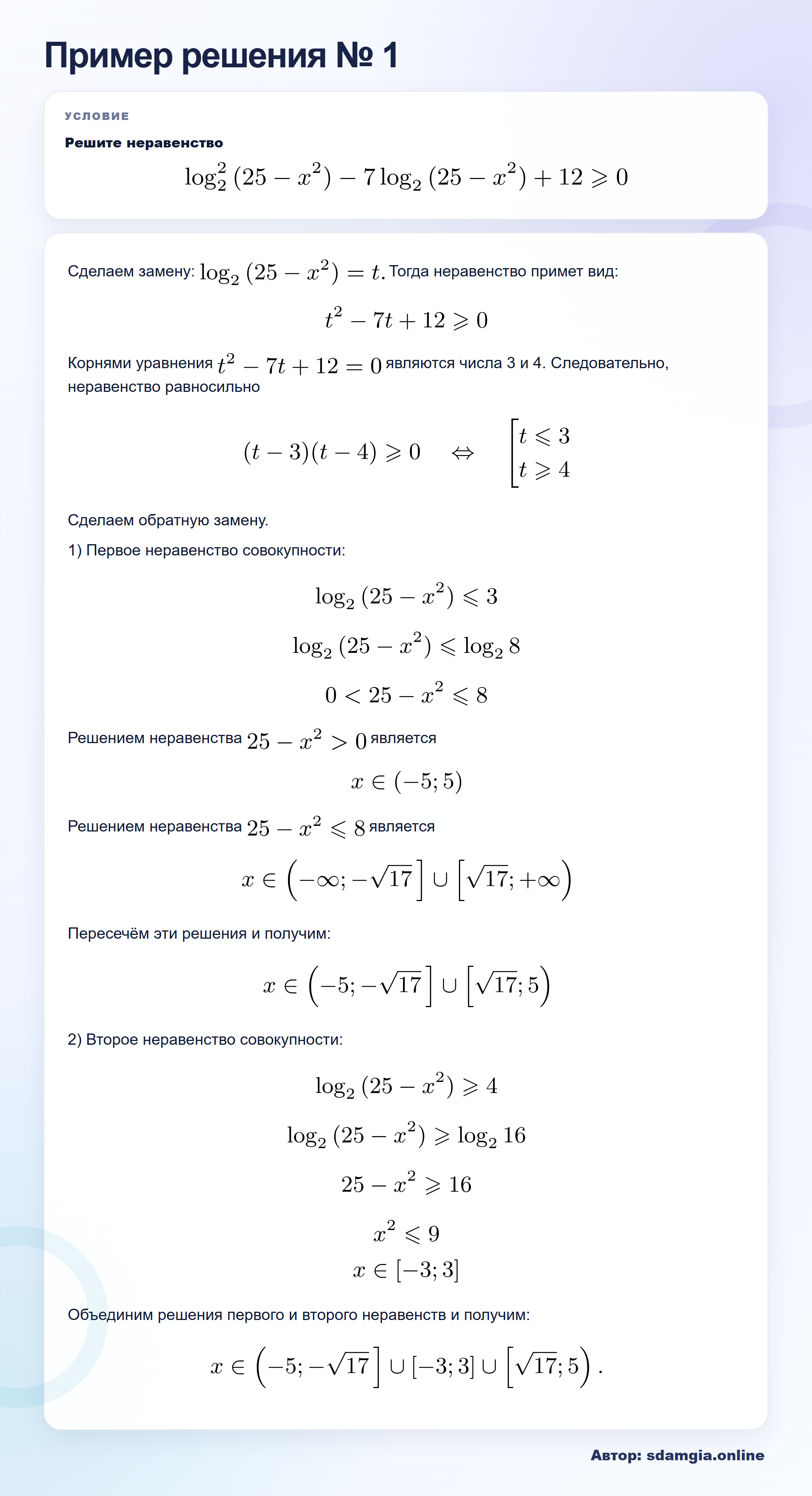 Пример решения № 1 задания 16 ЕГЭ по профильной математике ФИПИ 09B4F9: Логарифмические неравенства — автор sdamgia.online