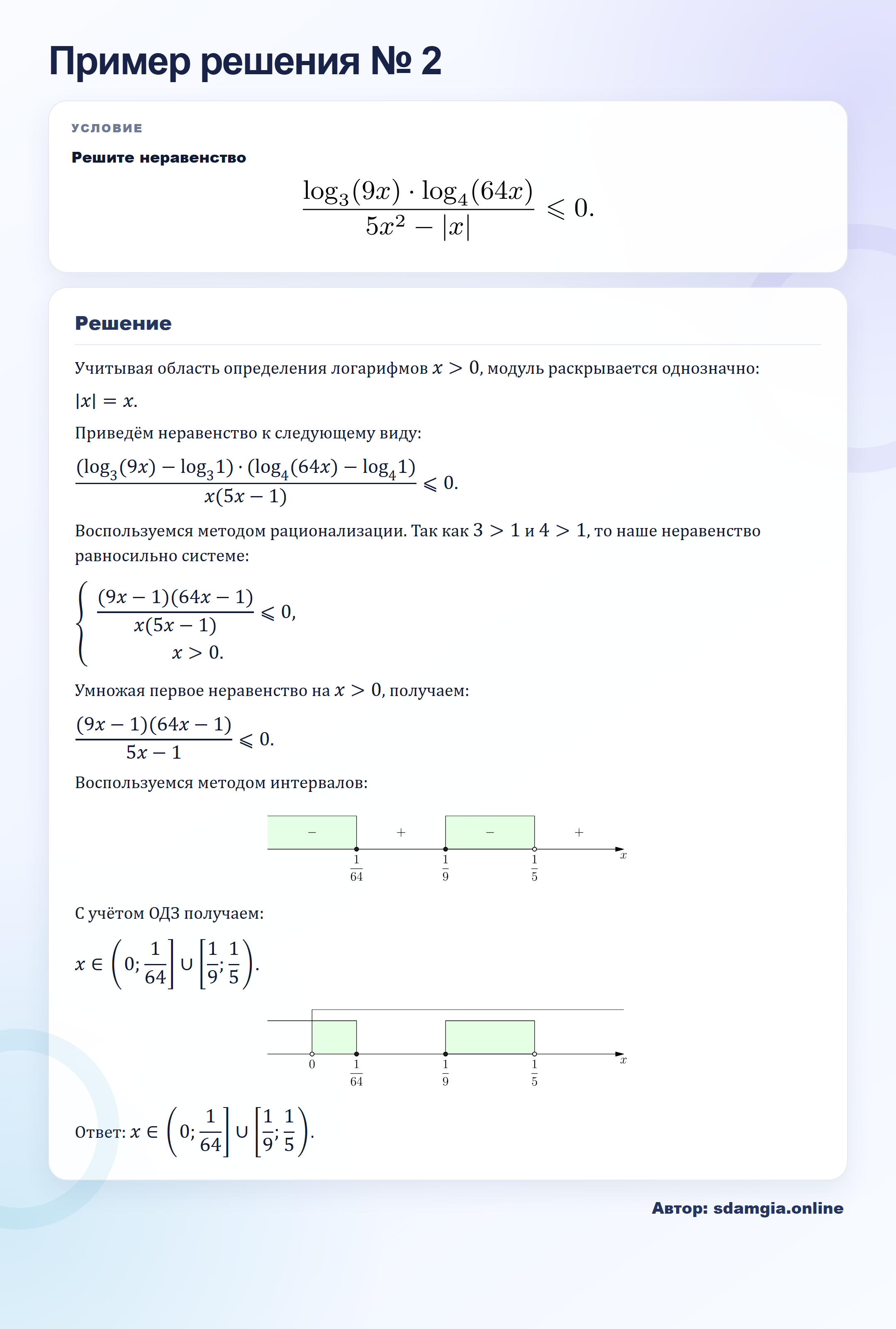 Пример решения № 2 задания 16 ЕГЭ по профильной математике ФИПИ 80AEFA: Логарифмические неравенства — автор sdamgia.online