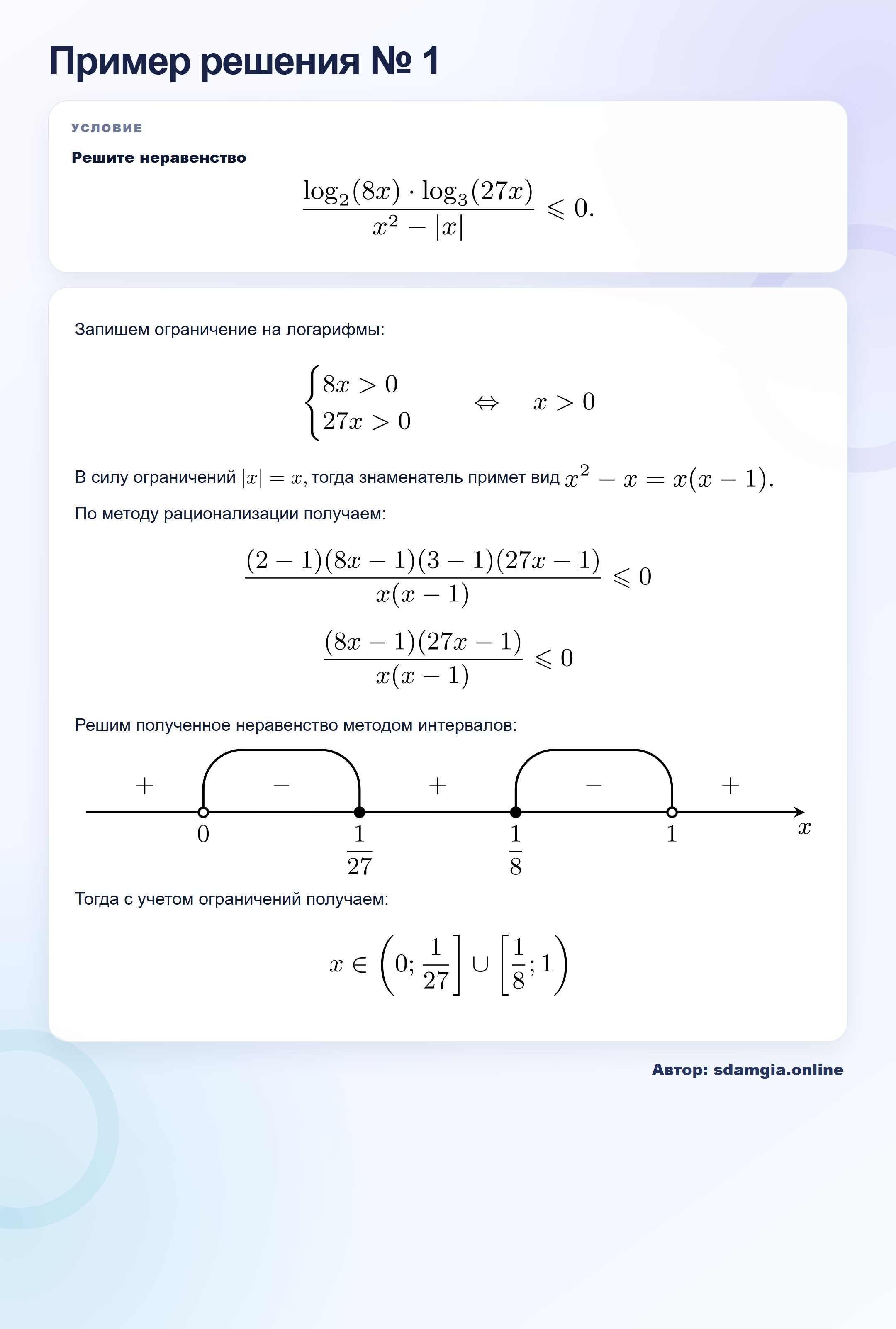 Пример решения № 1 задания 16 ЕГЭ по профильной математике ФИПИ 86C459: Логарифмические неравенства — автор sdamgia.online